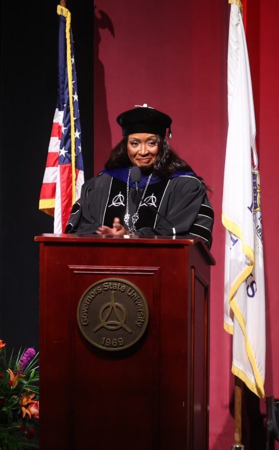 Dr. Green addresses the audience during her investiture ceremony.