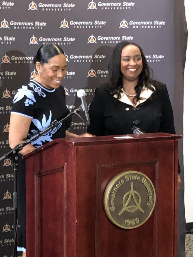 Lt. Gov. Stratton (left) and Dr. Green answer questions during the press conference at GSU.