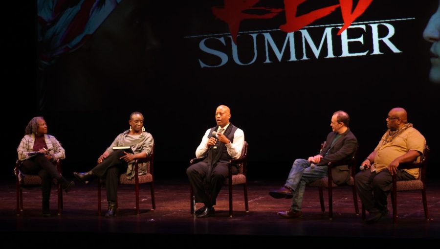 Sylvia Ewing moderator (left to right),  Dr. Phyllis Wes (Director of GSU’s Social Justice Initiative), Shepsu Aakhu (playwright), Andrew White (playwright), and Shawn Wallace (composer).