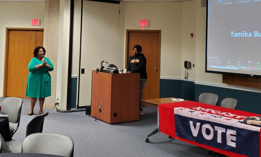 Professor Crystal Harris and Student Senate President Marquis Parks speak at a voting town hall event on Nov. 30. 