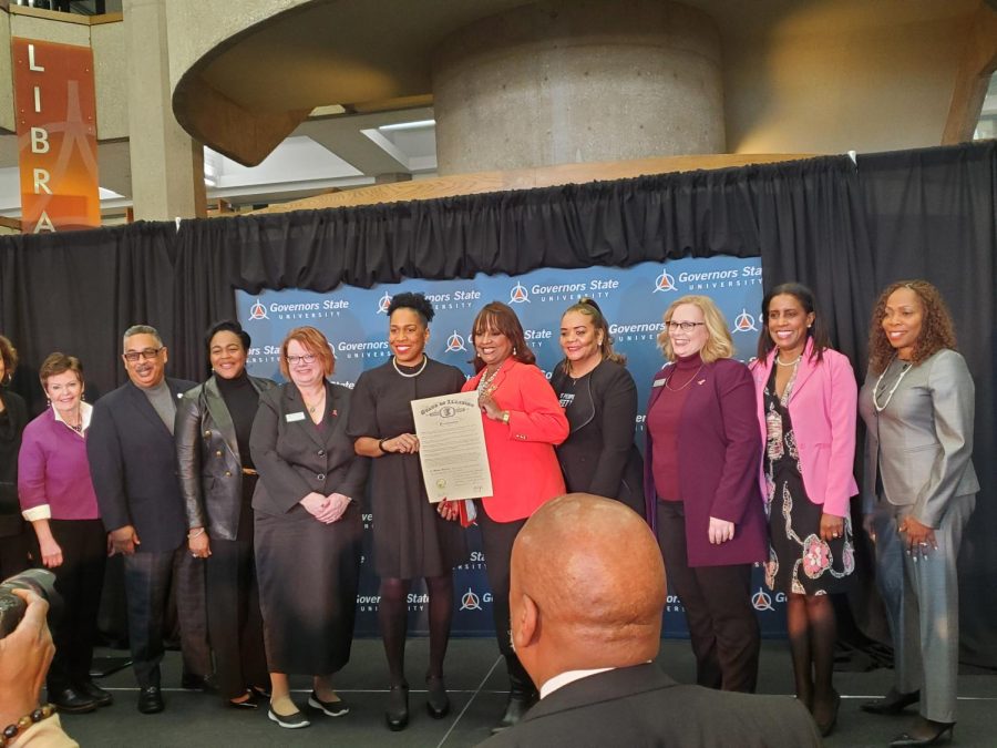 Lt. Gov. Juliana Stratton (second from left) and Rep. Debbie Meyers-Martin hold the proclamation announcing GSU’s collaboration on the stroke prevention project. GSU Provost Beverly Schneller (left) and Tonya Roberson, GSU’s Director of Program Development, look on.