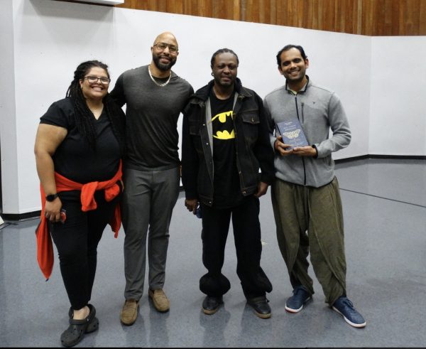 First Voice Story Slam - Grand Slam Finalists (L to R): 
Miaa Brooks (3rd place winner); Shannon Cason (Guest Host); Shawn Townsel (2nd place winner); Chay Vepareddygari (honorable mention). Not pictured: First Place Winner Brittany White. 