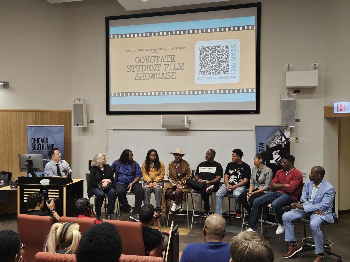 GovState Student Film Film Showcase Filmmakers: L to R: Professor Ryan Park, Katherine Bergholz, AJ Boyd, Precious Clark, Jameelah Houston, Christopher Greer, Jalen "Draco" Mays, Claudia Parker, Ahmasi Martin, and Agin Muhammad