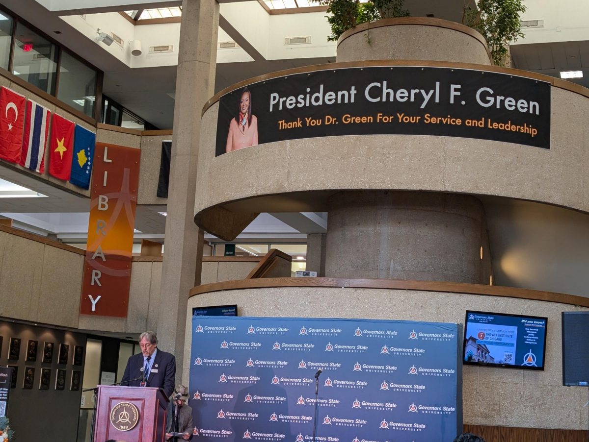 Board of Trustees Chair Jim Kvedaras spoke to the crowd about Green's many impacts on campus.