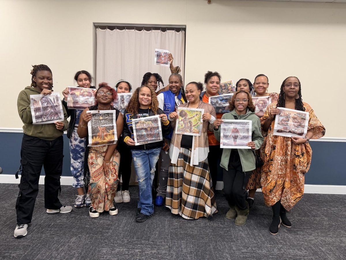 Students create Black History inspired art at Sigma Gamma Rho Sorority, Inc.’s Diamond Painting Night on Feb. 17 in the Hall of Honors.