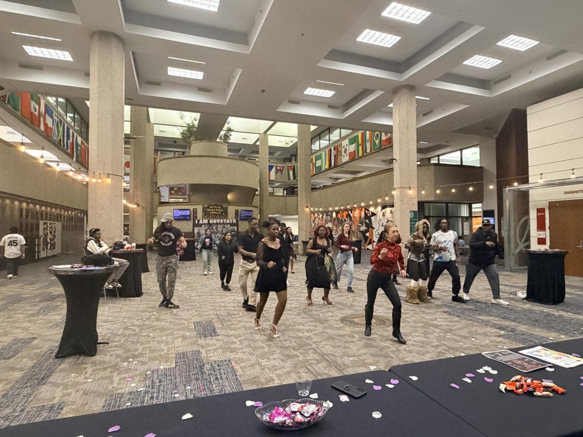 Students practice salsa steps during the “Salsa and Sweethearts Dance Class” hosted by the GSU Dance Company, bringing energy, rhythm, and community spirit to an evening of cultural connection and creative expression.