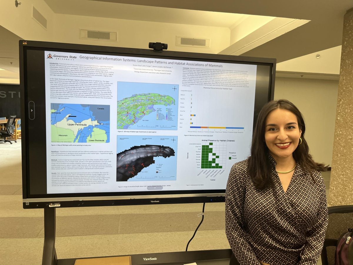 Desire Sosa presents her research on habitat patterns and wildlife associations, highlighting the environmental impact of habitat loss and timber harvest.