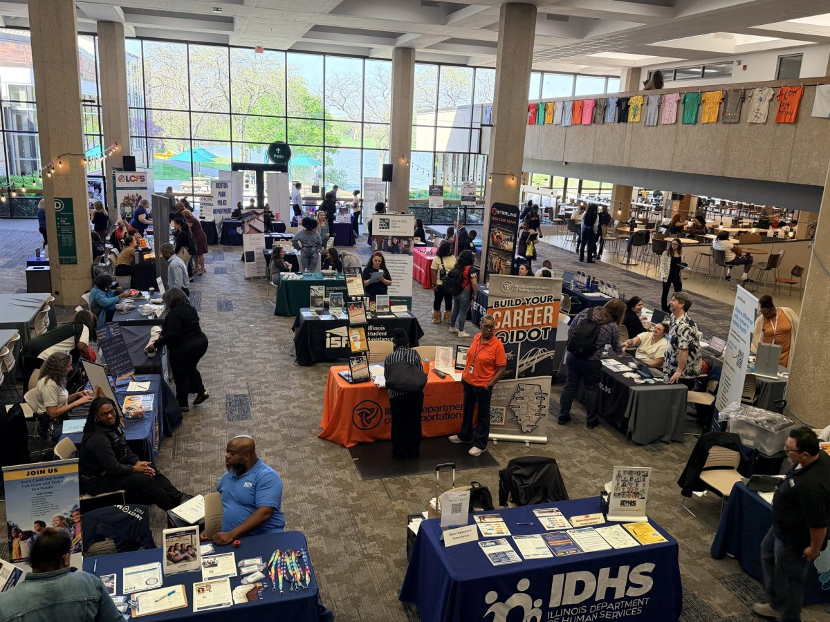 Students engage with recruiters and explore career opportunities during the 2026 Spring Career and Internship Fair held in the Hall of Governors at Governors State University.