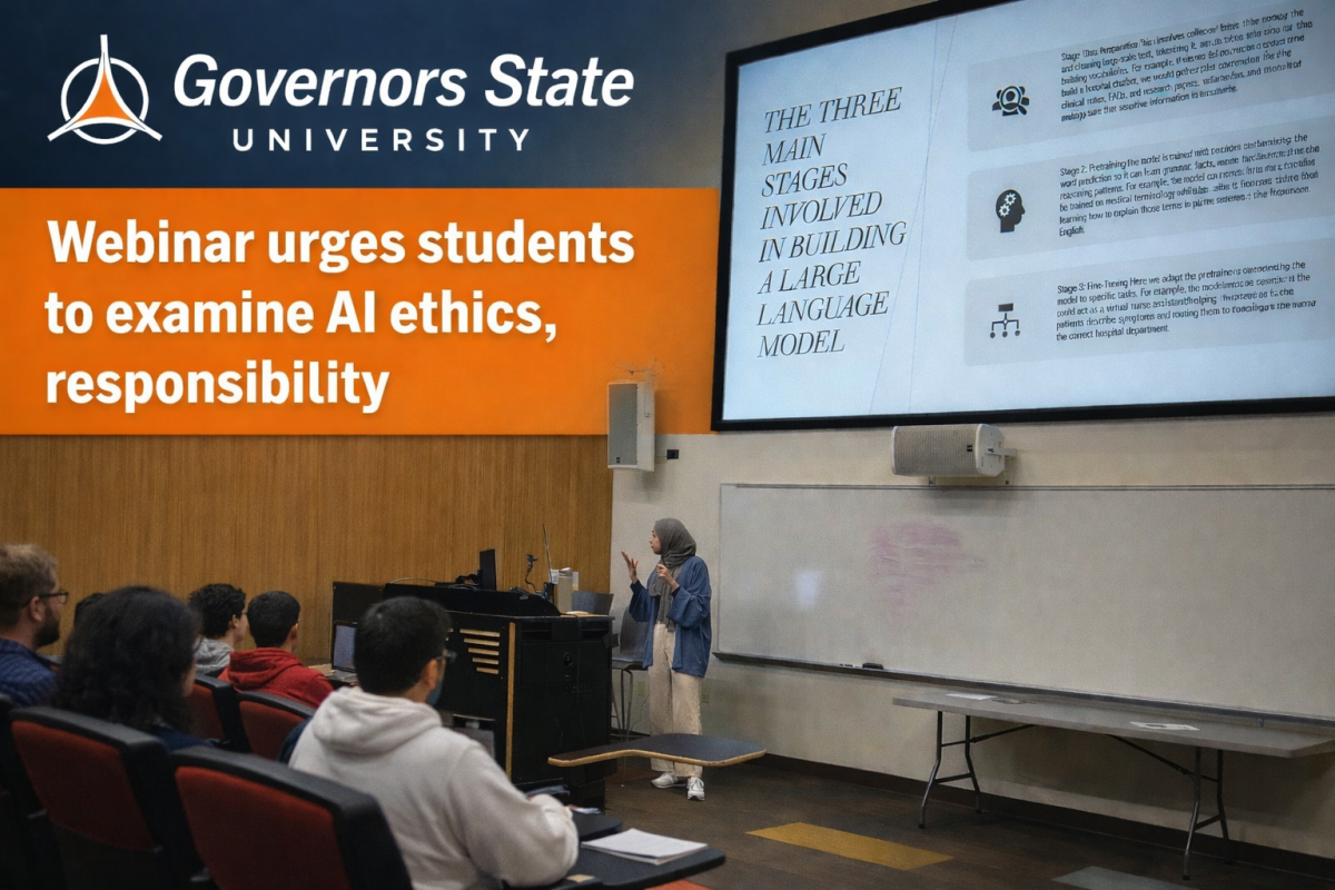 A presenter leads a webinar at Governors State University on AI ethics and responsibility, as students engage in a discussion on the real-world impacts, challenges, and future of artificial intelligence.
