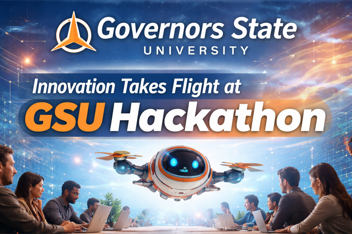 **Image Caption:**
Students collaborate beneath a hovering AI powered drone during the GSU Hackathon at Governors State University, capturing the spirit of innovation, teamwork, and rapid problem solving highlighted in “Innovation Takes Flight at GSU Hackathon.”
