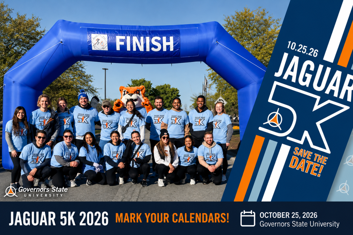 Participants pose near the finish line during a previous Jaguar 5K event at Governors State University. The university announced the 2026 Jaguar 5K will take place on Saturday, Oct. 25, encouraging student organizations to participate through volunteering and fundraising opportunities.