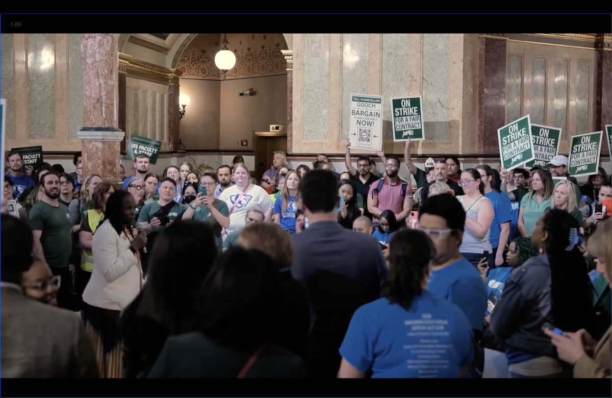 Congregation of those advocating for Adequate and Equitable Public University Funding Act (HB1581/SB0013) at the Capitol rotunda on April 16, 2026.